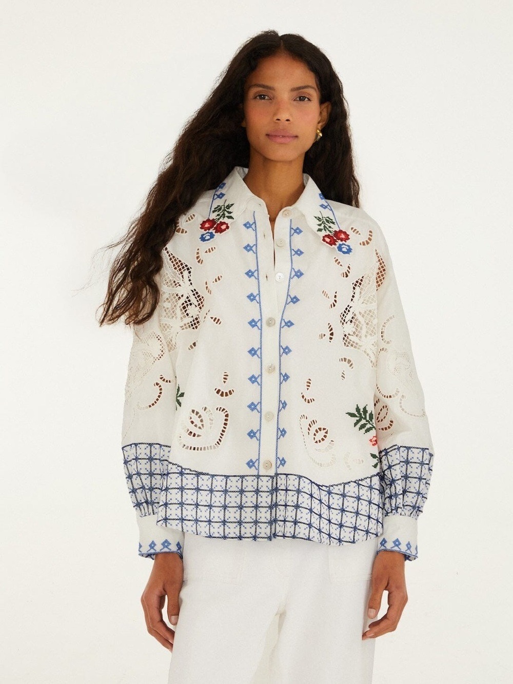 Farm Rio Off-White Flowers Embroidery Richelieu Shirt